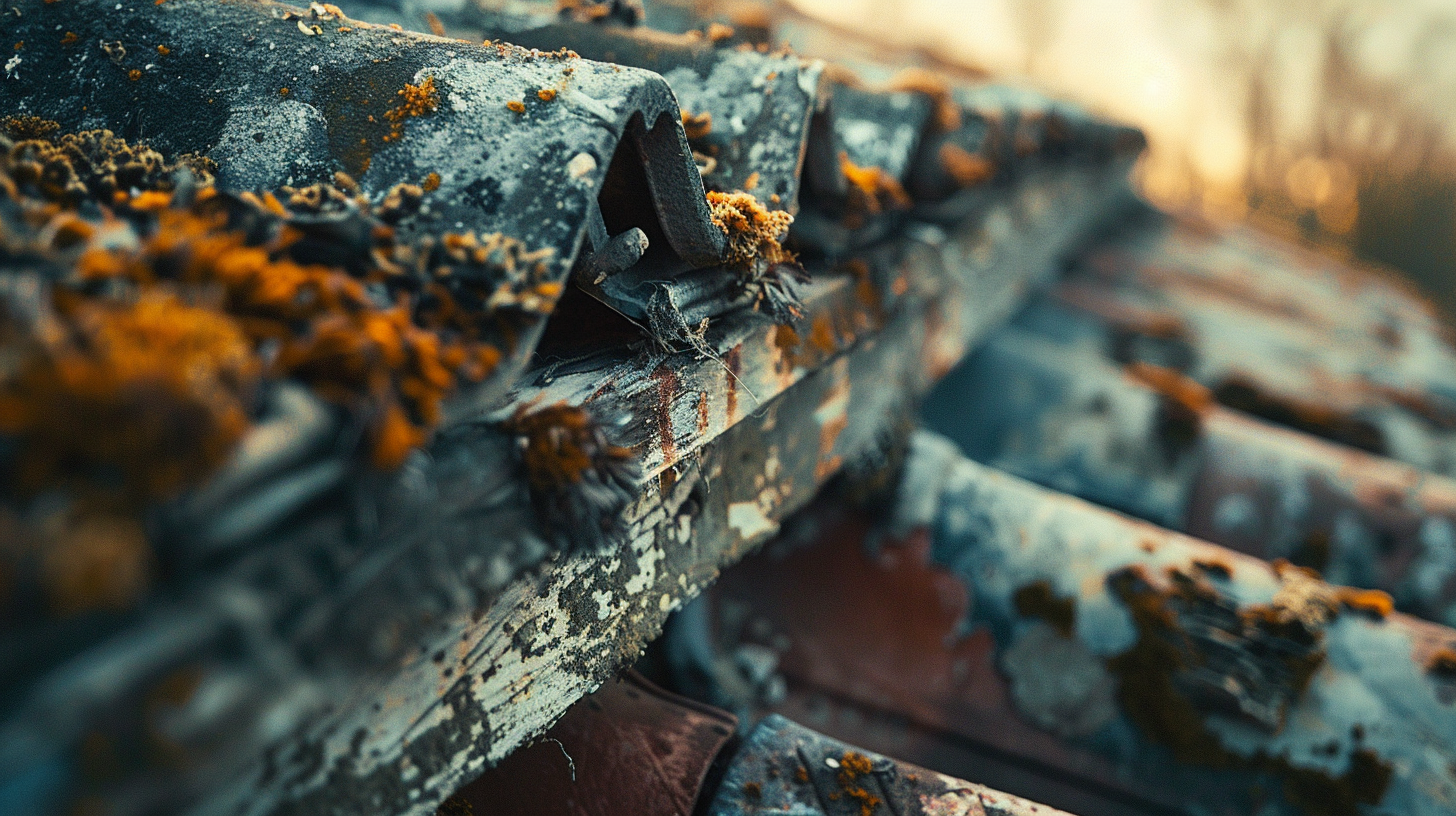 close up detail of the damaged gutter of a roof