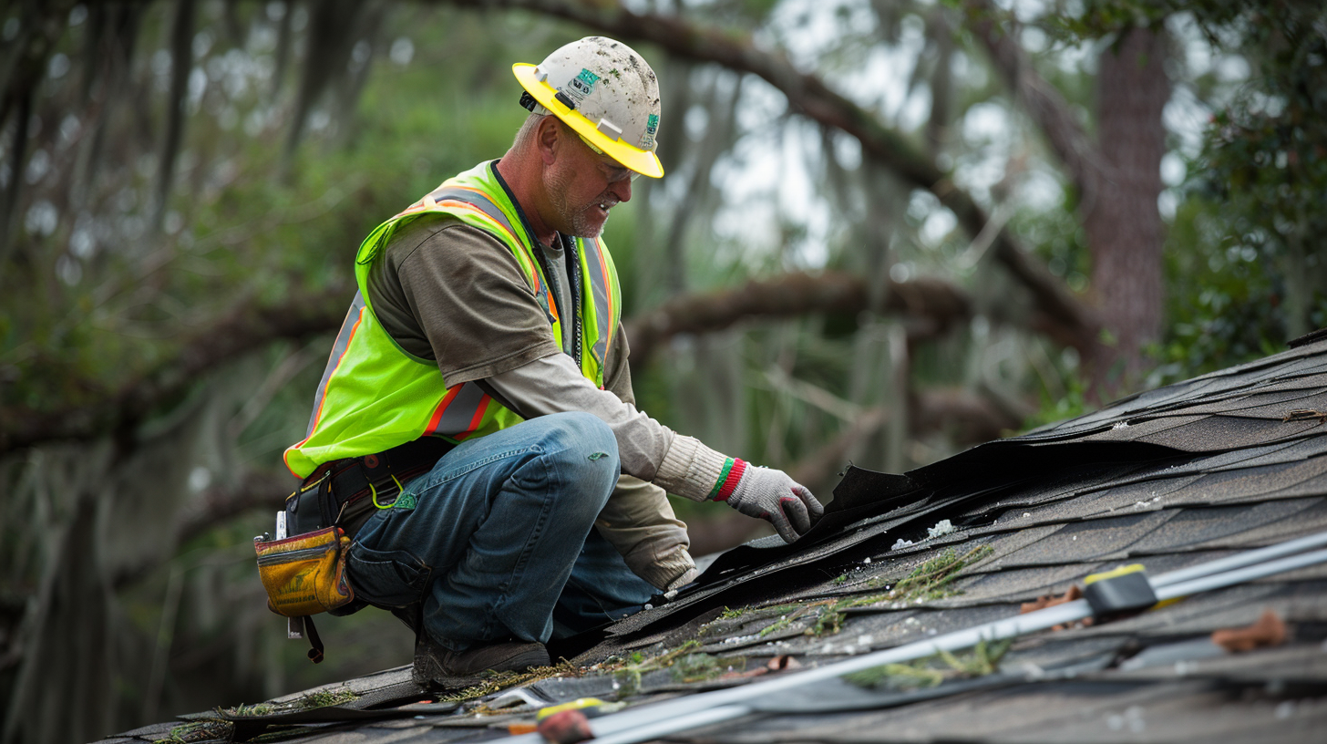 A roofing contractor wearing safety gear is inspecting a residential roof that has been damaged by a recent storm.