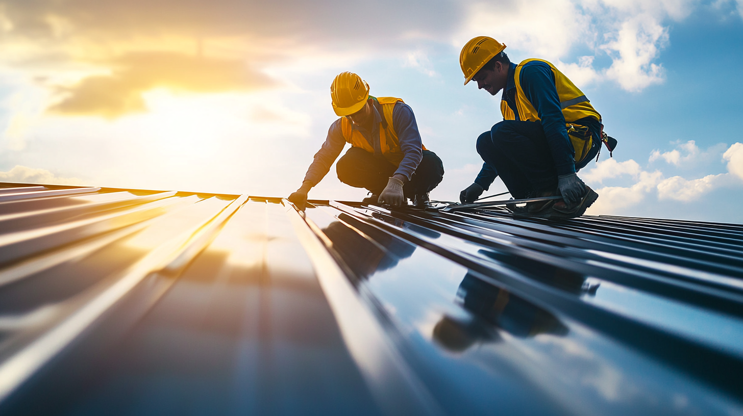 two workers are on top of the roof and repairing a meta roofing.