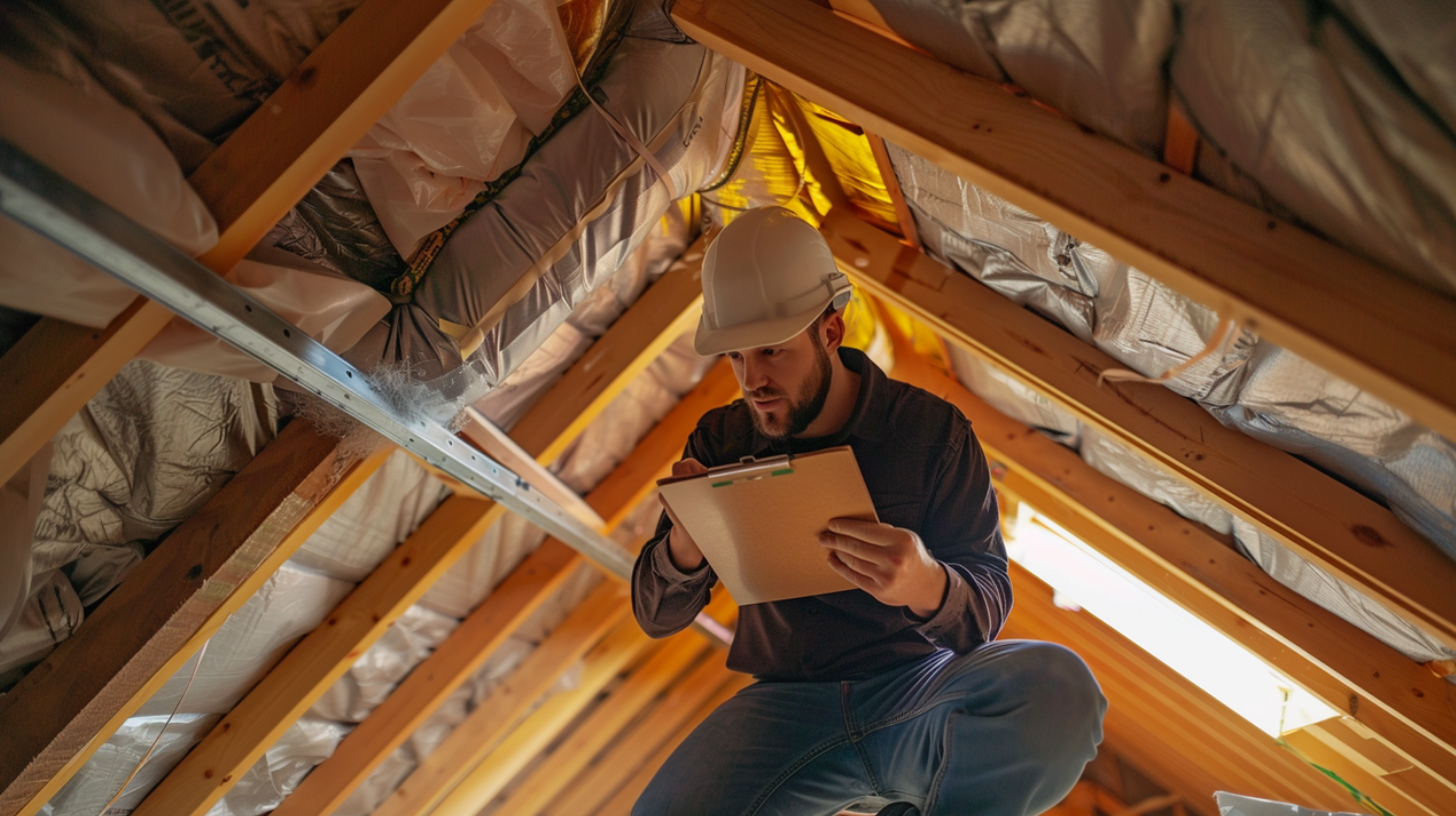 A professional inspector is inspecting an attic for proper ventilation and/or leaks.