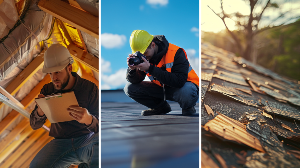 A professional inspector is inspecting an attic, a roof contractor is taking picture of the roof using a high-resolution camera, and a residential roof that has been damage.