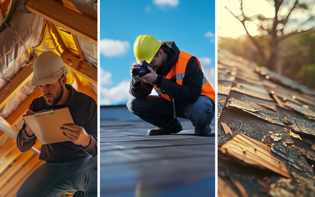 A professional inspector is inspecting an attic, a roof contractor is taking picture of the roof using a high-resolution camera, and a residential roof that has been damage.