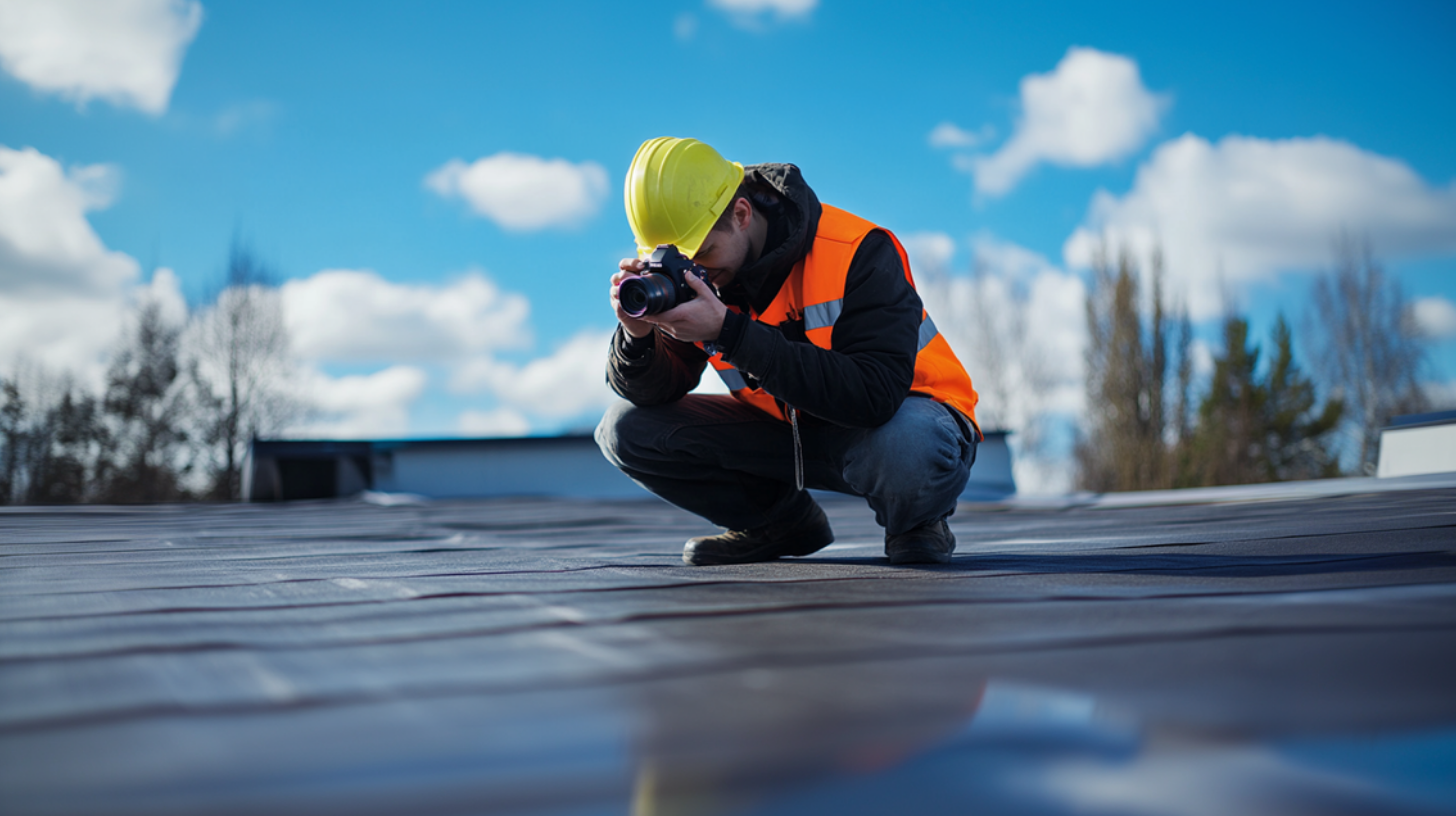 A roof contractor in a high-visibility jacket and hard hat, inspecting a flat roof, he is taking picture of the roof using a high-resolution camera.