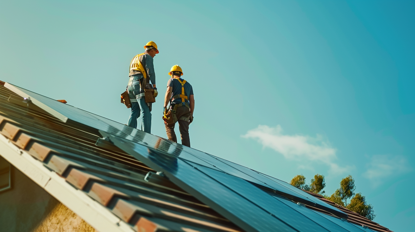 roofing contractors installing solar panels on a suburban residential home.