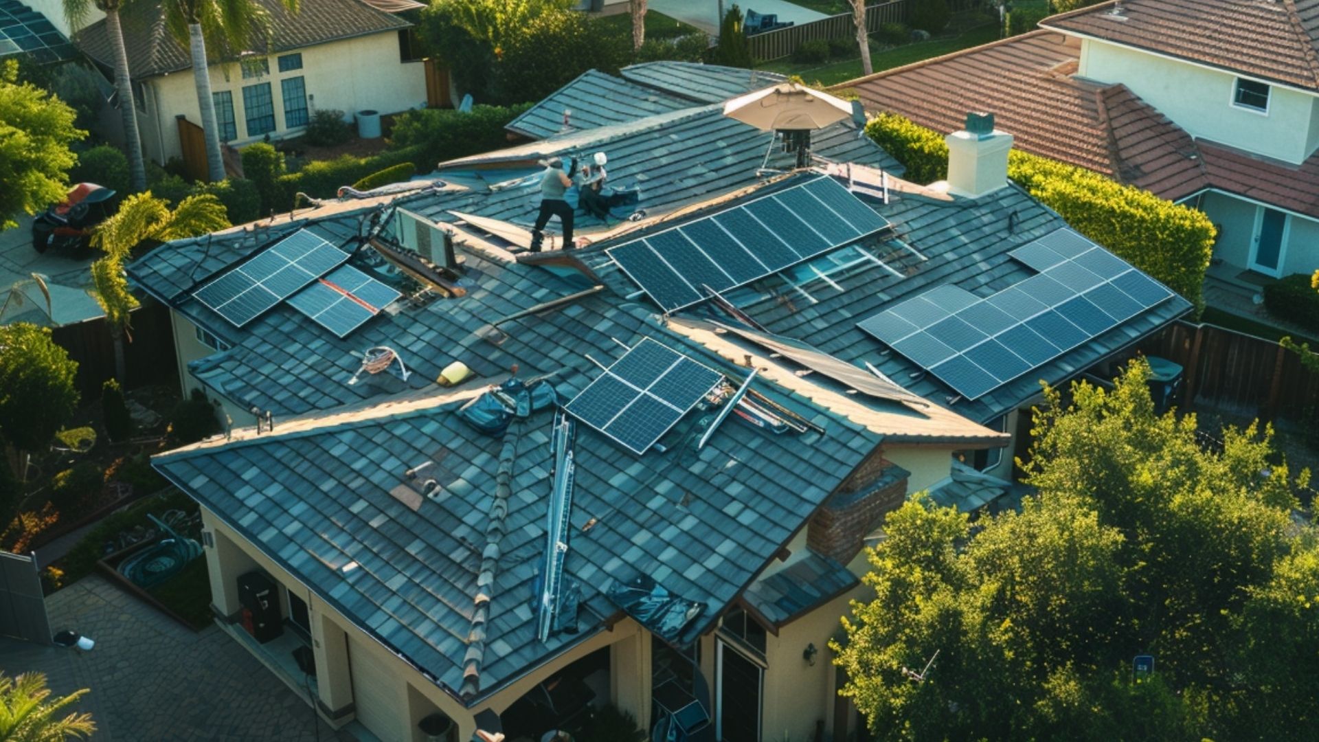 roofing contractors installing solar panels on a suburban residential home.