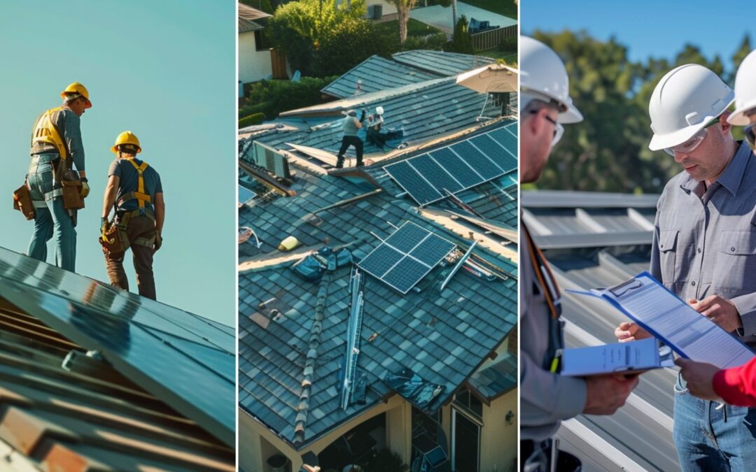 roofing contractors installing solar panels on a suburban residential home. three roof contractors conducting a thorough inspection of a residential roof installation project.