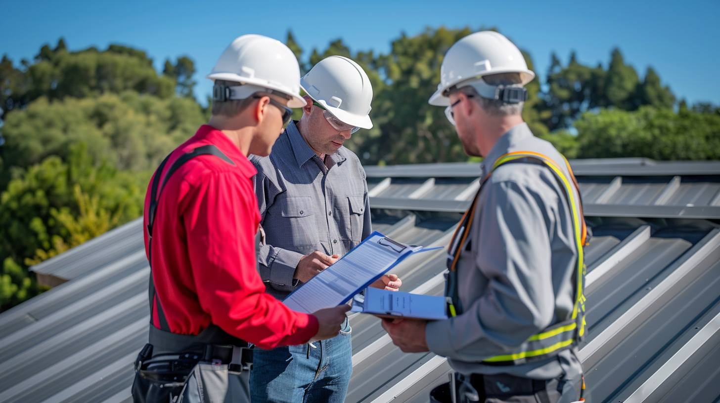 three roof contractors conducting a thorough inspection of a residential roof installation project.