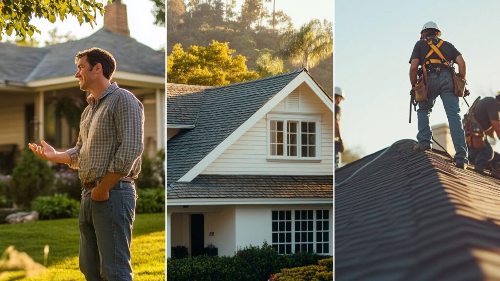 A dedicated team of roofers working together on a residential roof, wide shot A reliable roofing contractor is talking to the homeowner standing on the lawn in front of the house. The atmosphere includes collaboration and consultation, highlighting the home improvement process and a friendly yet focused exchange between the two characters. top view of a modern house featuring composite tile roofing, capturing the sleek and contemporary design from a close-up perspective. The composite tiles, made from a blend of durable materials, exhibit a uniform and refined appearance.