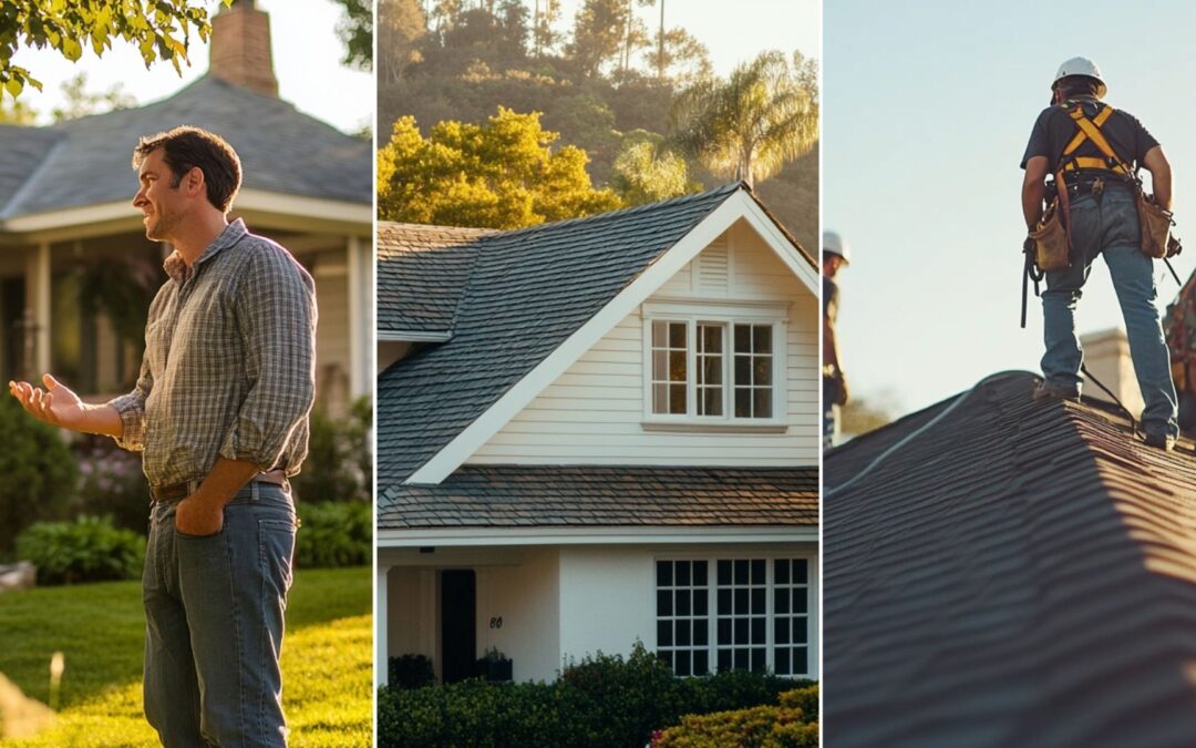 A dedicated team of roofers working together on a residential roof, wide shot A reliable roofing contractor is talking to the homeowner standing on the lawn in front of the house. The atmosphere includes collaboration and consultation, highlighting the home improvement process and a friendly yet focused exchange between the two characters. top view of a modern house featuring composite tile roofing, capturing the sleek and contemporary design from a close-up perspective. The composite tiles, made from a blend of durable materials, exhibit a uniform and refined appearance.