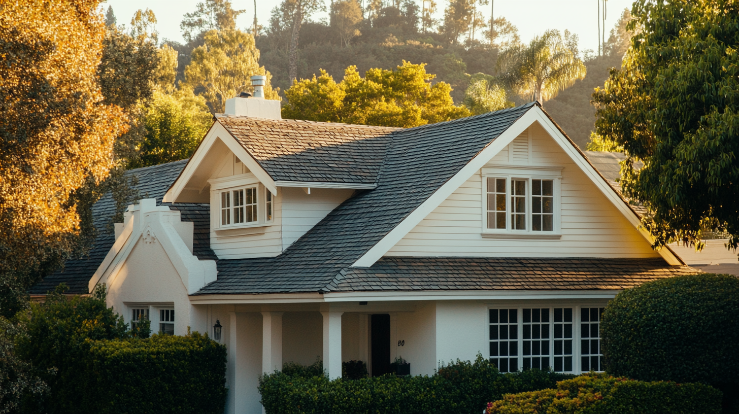 top view of a modern house featuring composite tile roofing, capturing the sleek and contemporary design from a close-up perspective. The composite tiles, made from a blend of durable materials, exhibit a uniform and refined appearance.