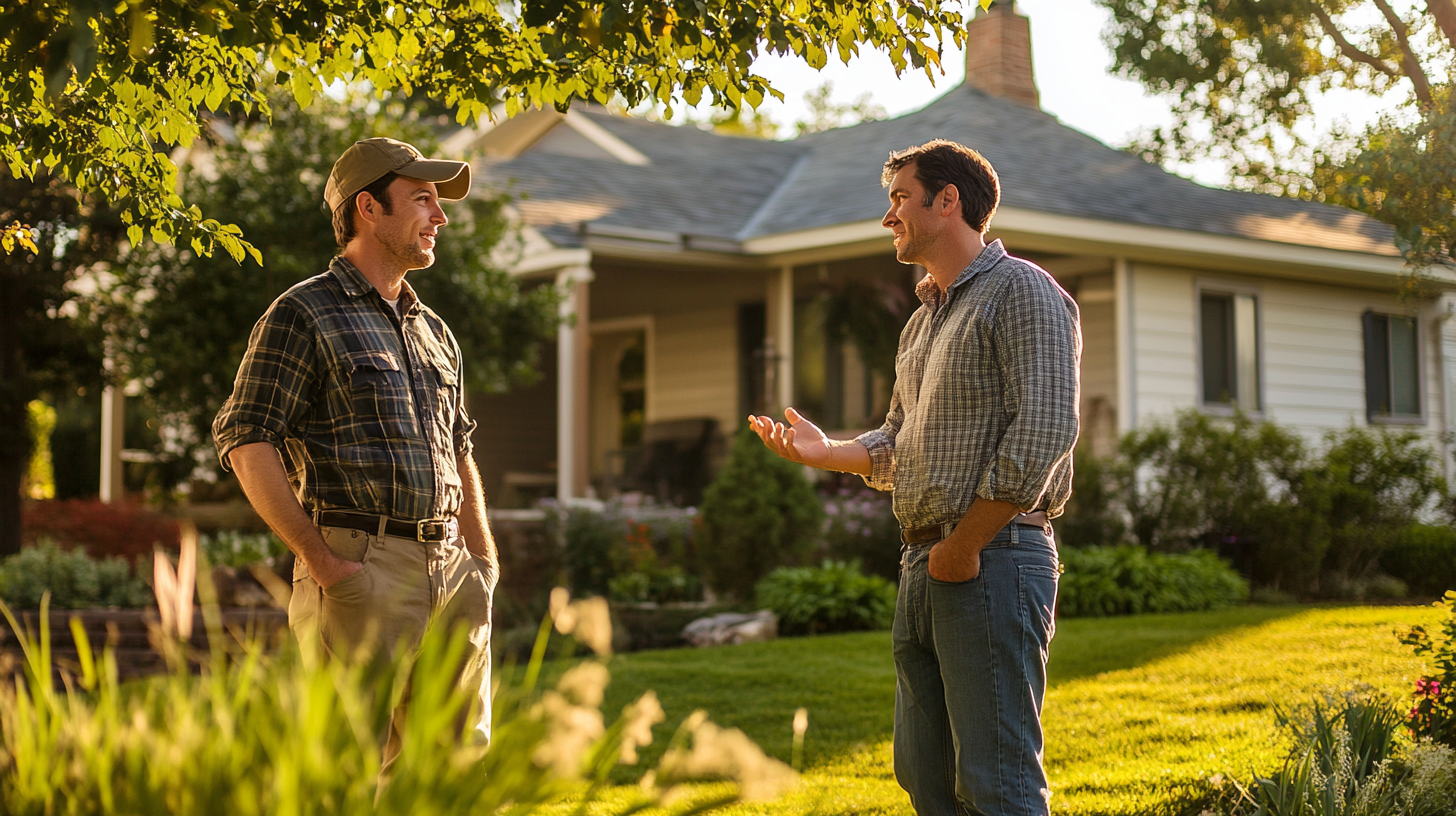 A reliable roofing contractor is talking to the homeowner standing on the lawn in front of the house. The atmosphere includes collaboration and consultation, highlighting the home improvement process and a friendly yet focused exchange between the two characters.