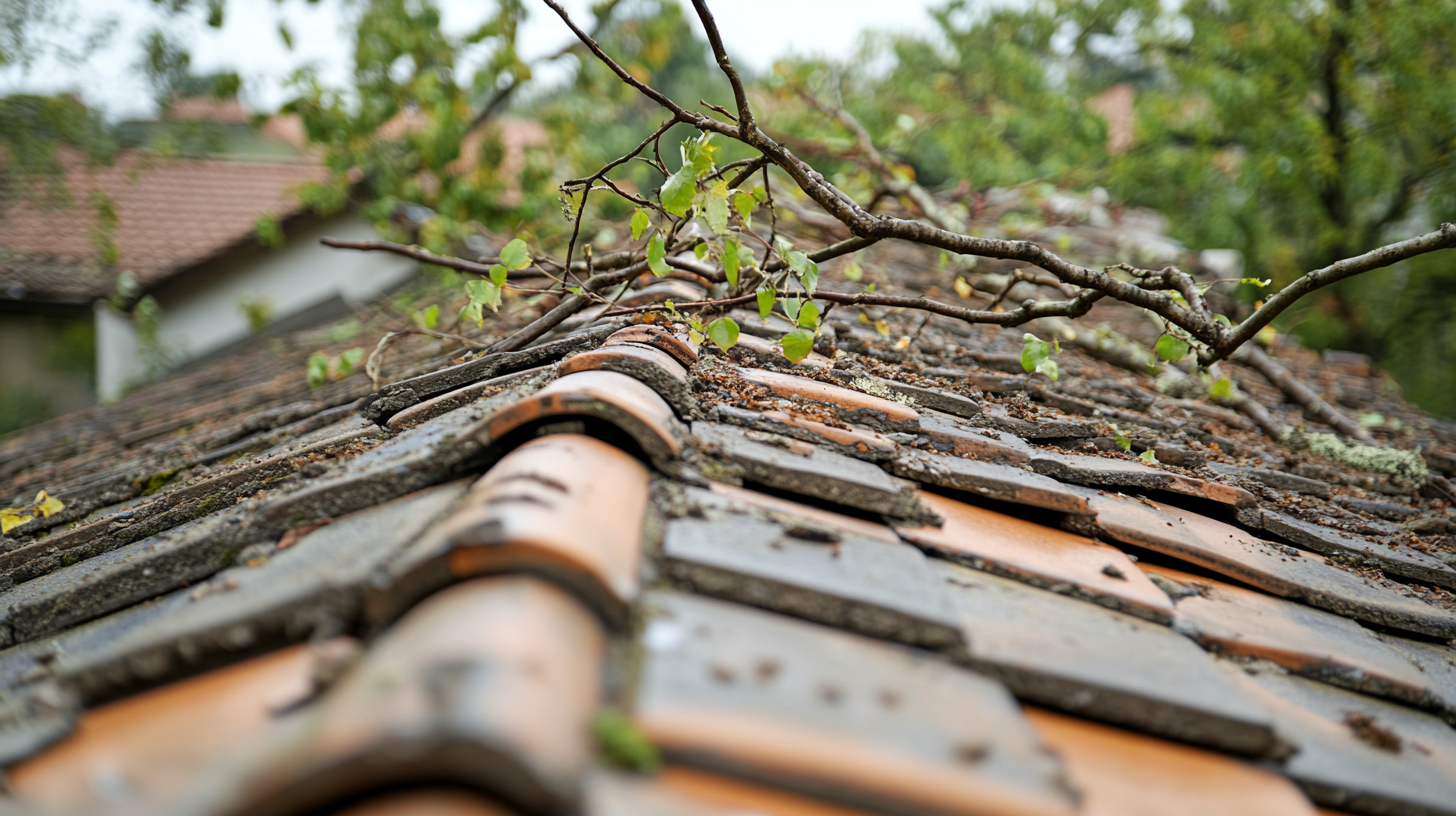 a residential roof that has been damaged by a heavy storm. small branches of trees on top of the roof.