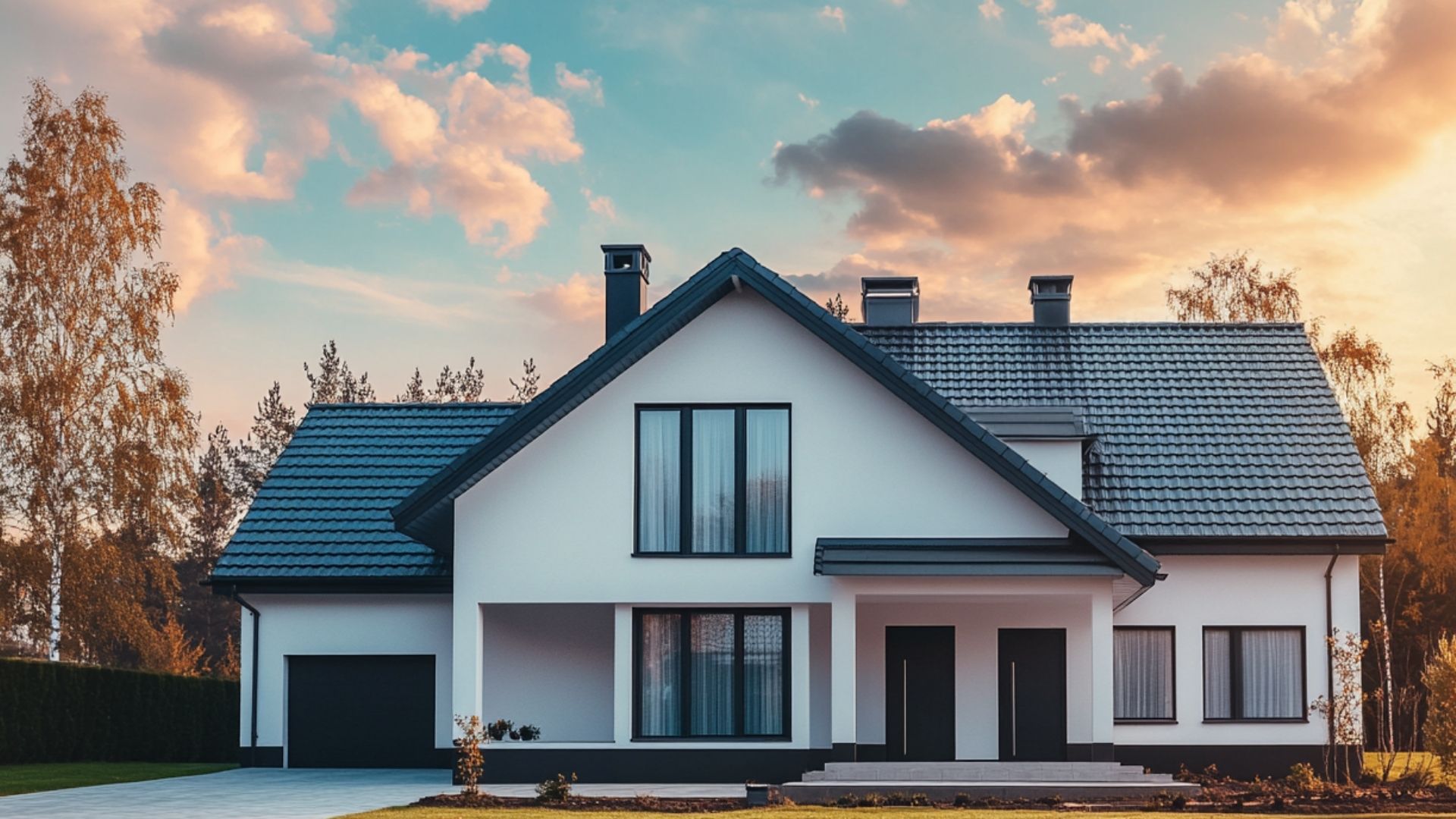 an image of a house with off-white painted walls and asphalt shingle roofs, emphasizing a 'cool roof' design.