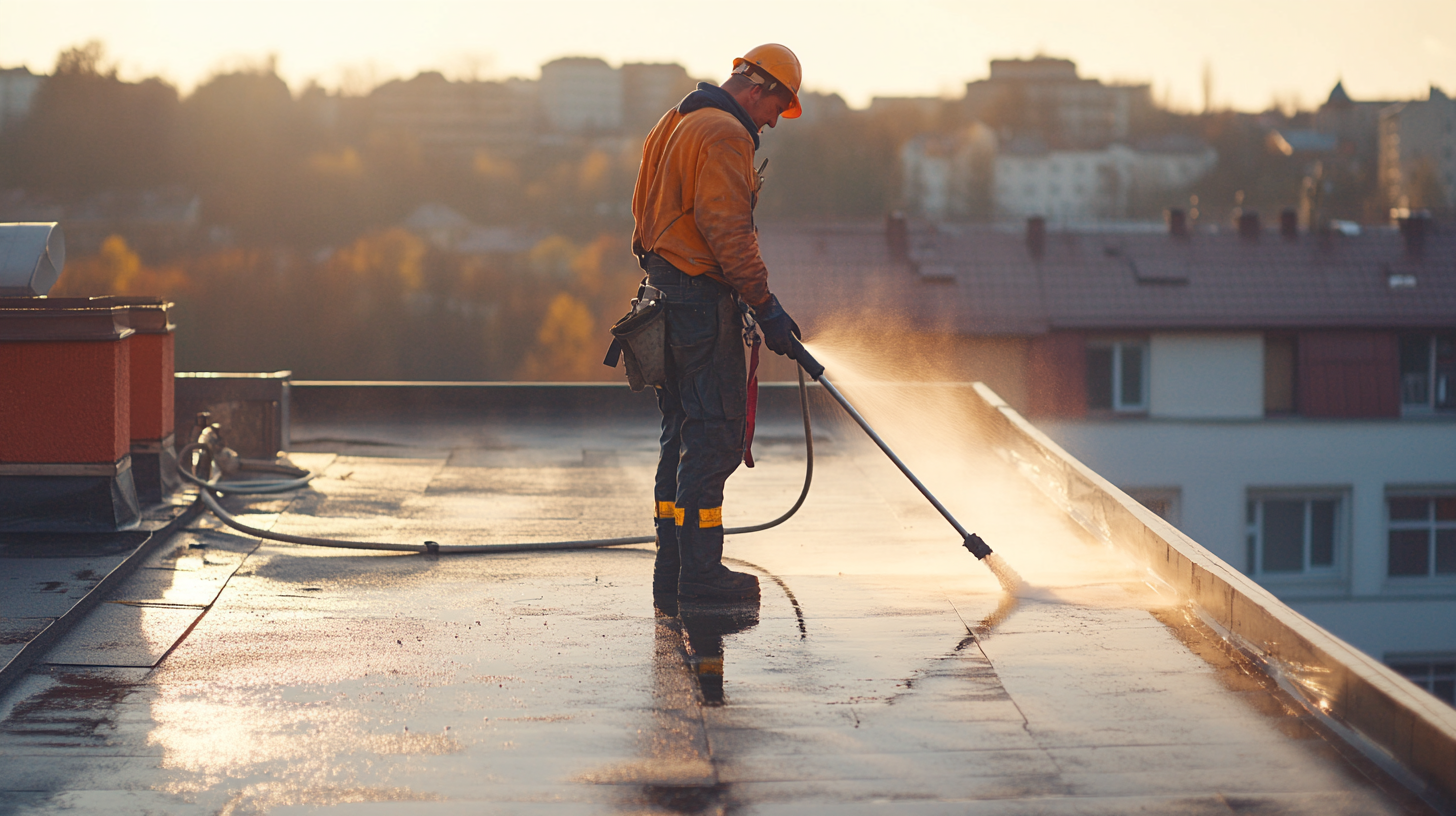 A roofer cleaning the flat roof that has debri using a water pressure.