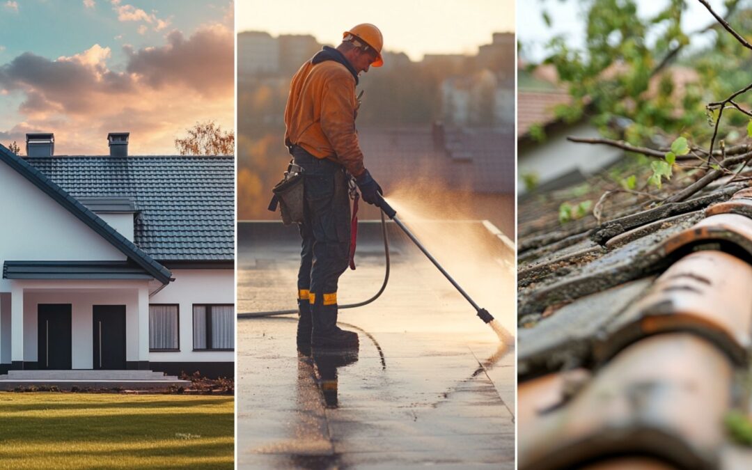 A roofer cleaning the flat roof that has debri using a water pressure. a residential roof that has been damaged by a heavy storm. small branches of trees on top of the roof. an image of a house with off-white painted walls and asphalt shingle roofs, emphasizing a 'cool roof' design.