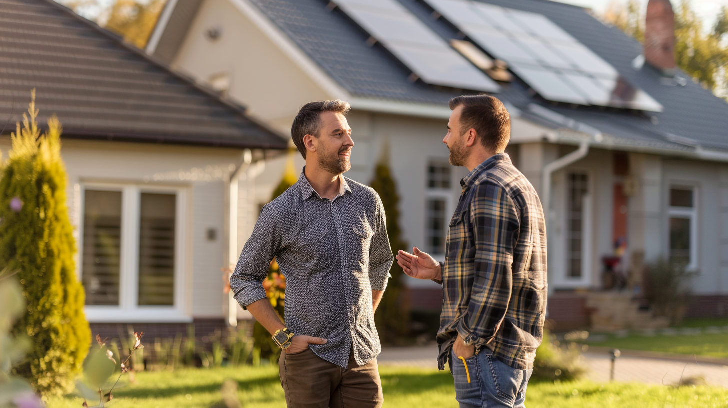 A reliable roofing contractor is talking to the homeowner standing on the lawn facing the house that has vinyl siding. The atmosphere includes collaboration and consultation, highlighting the home improvement process.