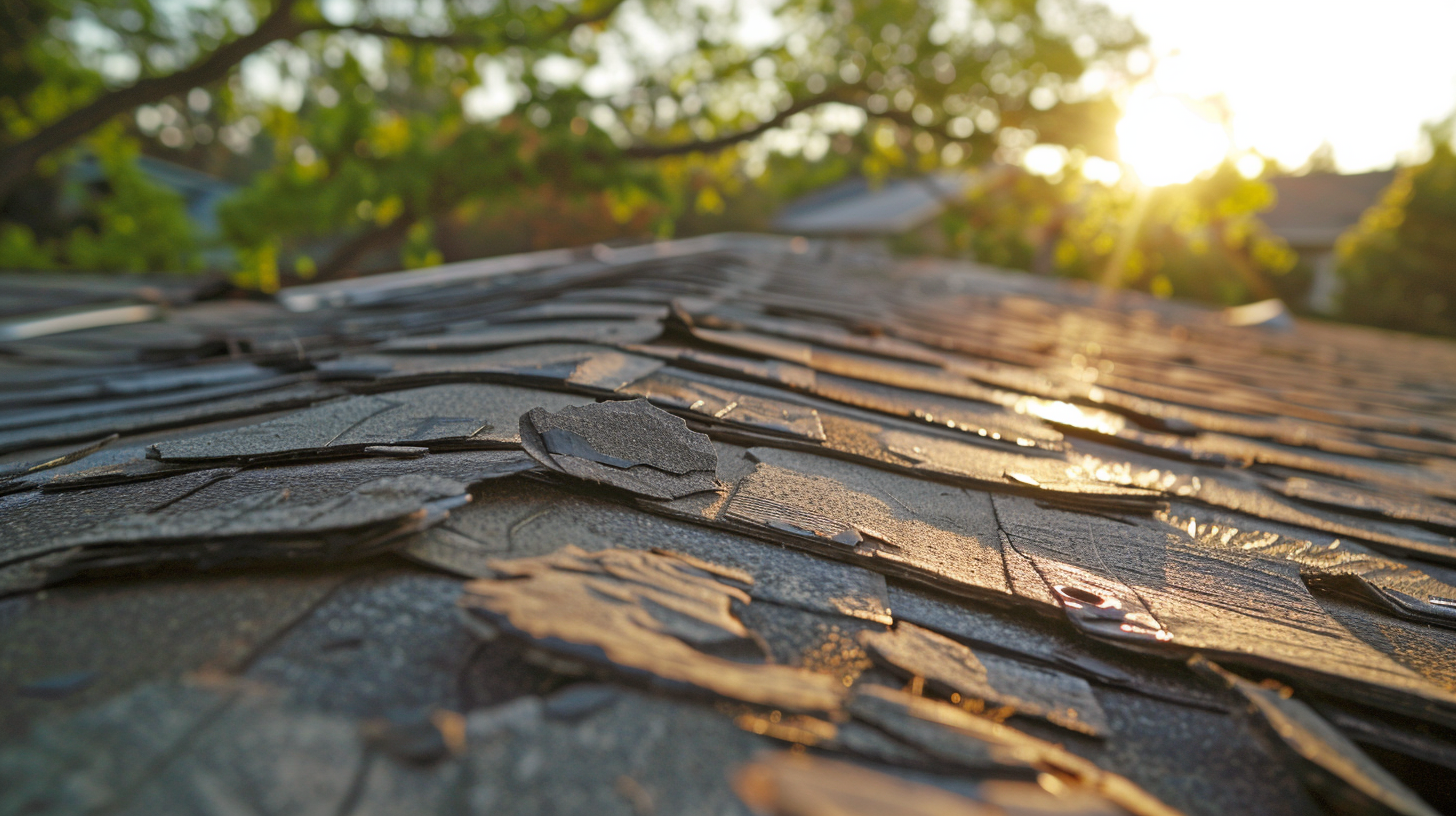 a residential roof that has been damaged by a recent storm.