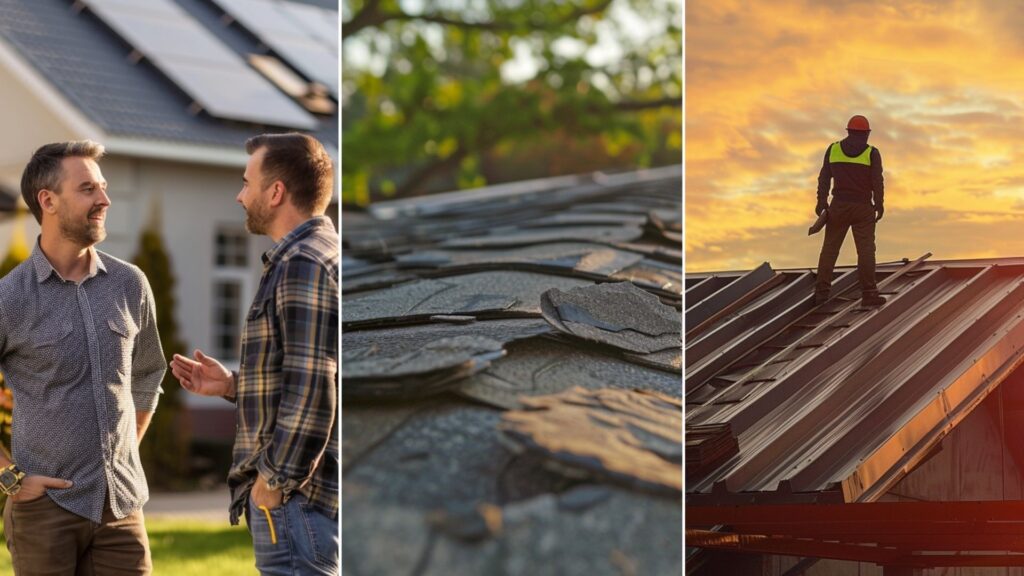 A reliable roofing contractor is talking to the homeowner standing on the lawn facing the house that has vinyl siding. The atmosphere includes collaboration and consultation, highlighting the home improvement process. a residential roof that has been damaged by a recent storm. an image of a standing seam metal roof installed in a house roof. The roof installed is new. A roofer in safety gear admires the new roof.