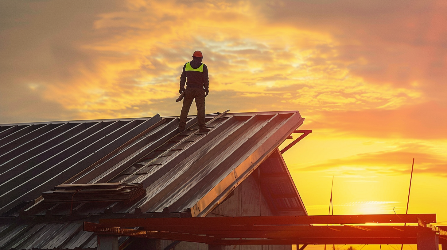 an image of a standing seam metal roof installed in a house roof. The roof installed is new. A roofer in safety gear admires the new roof.