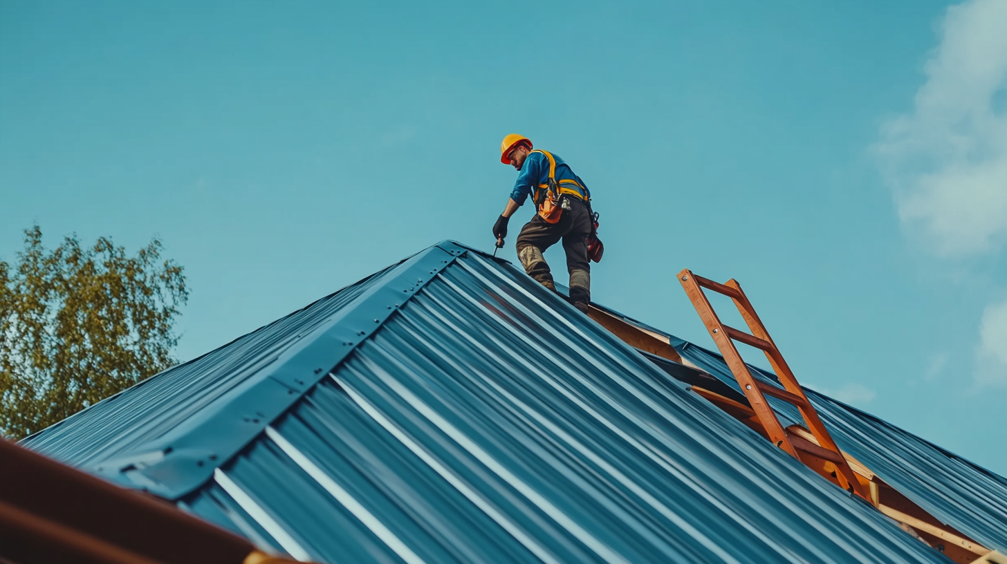 an image of a standing seam metal roof installed in a house roof, catch that the roof installed is new. A roofer wearing PPE is on a ladder next to the houe working on the roof.