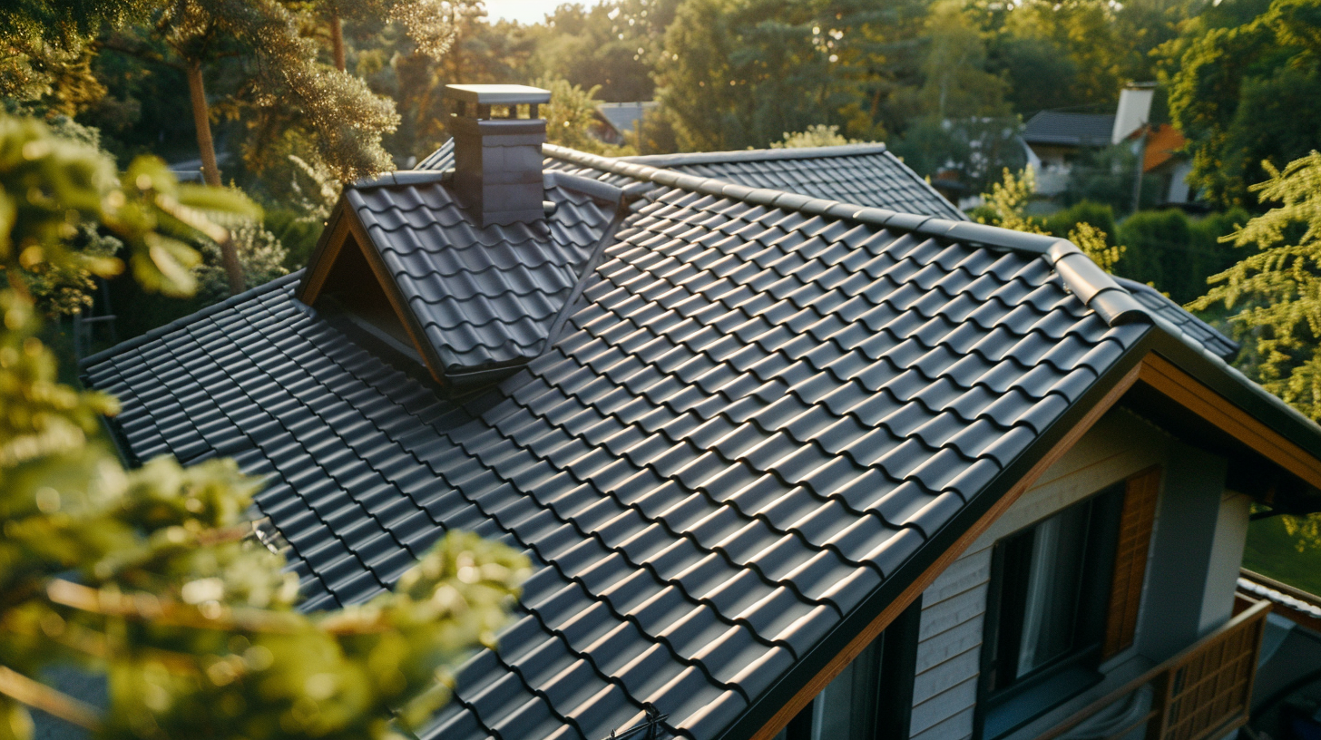 top view of a modern house featuring composite tile roofing, capturing the sleek and contemporary design from a close-up perspective.