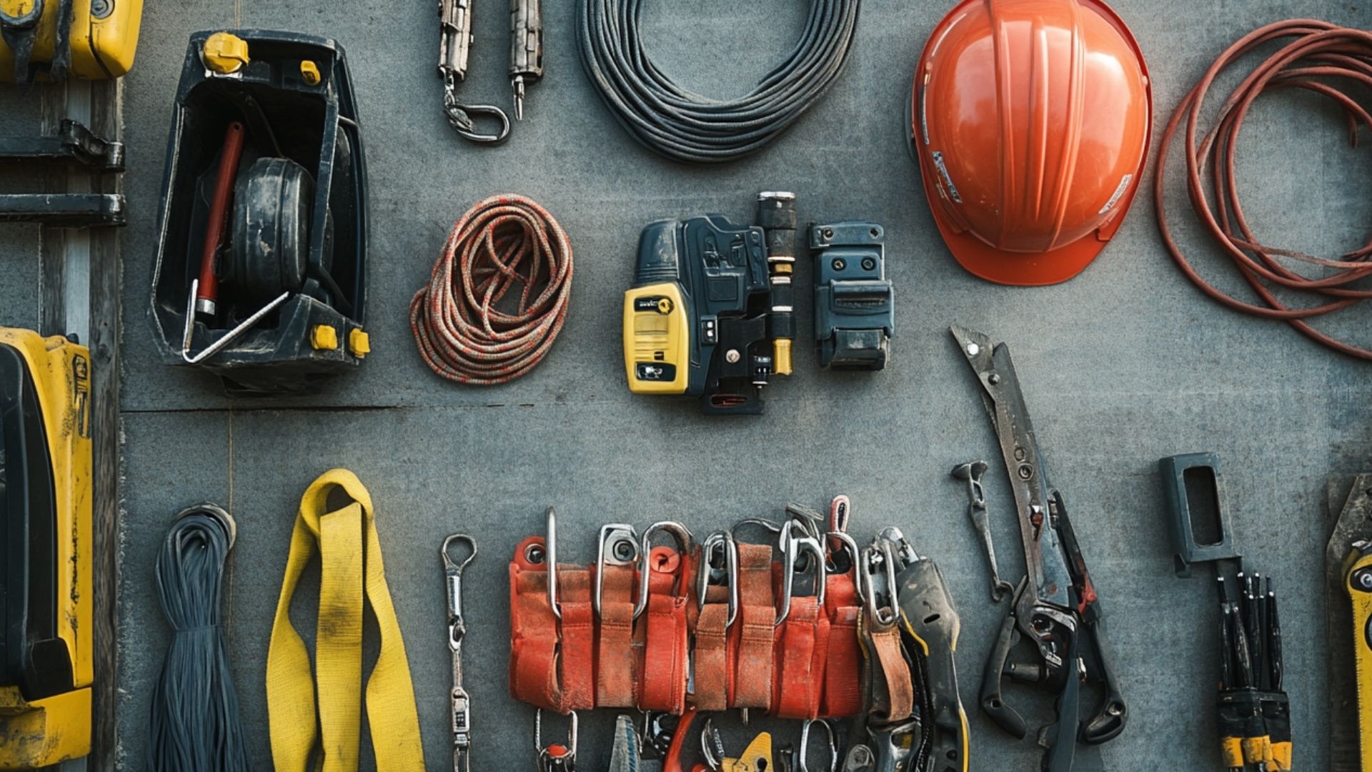 A detailed photo showing the various components of equipment used for working at roof or heights.