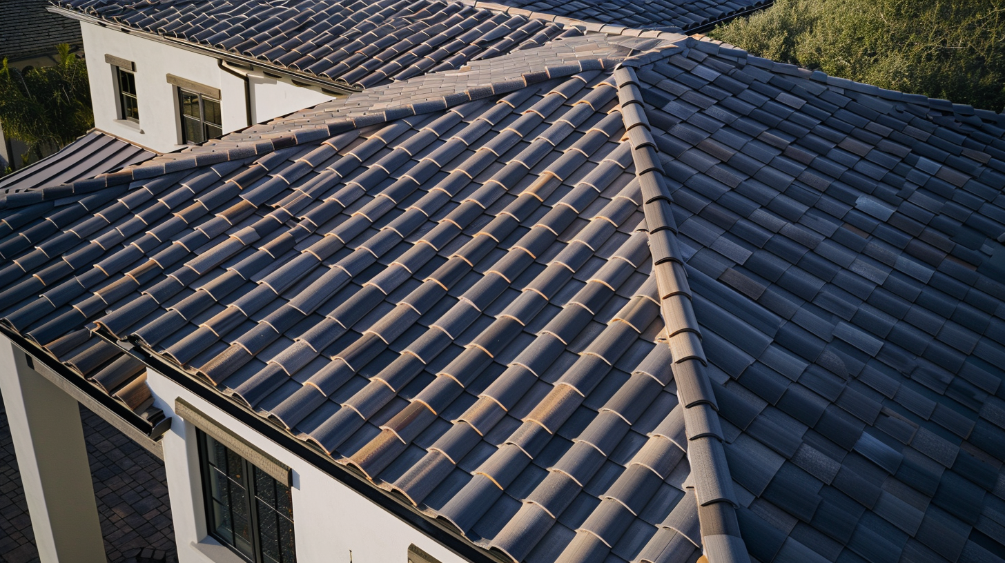 top view of a modern house featuring composite tile roofing, capturing the sleek and contemporary design from a close-up perspective. The composite tiles, made from a blend of durable materials, exhibit a uniform and refined appearance.