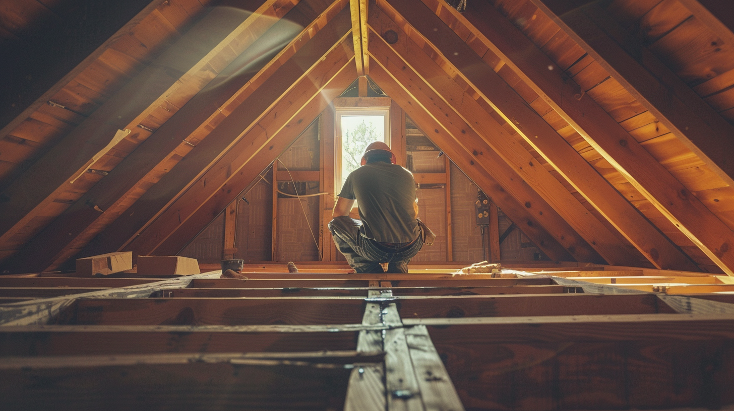 an image of an attic with proper ventilation, catch the details of a well-surrounded ventilation of attic and fixed floor, and a roofing construction worker fixing the installation in the attic.