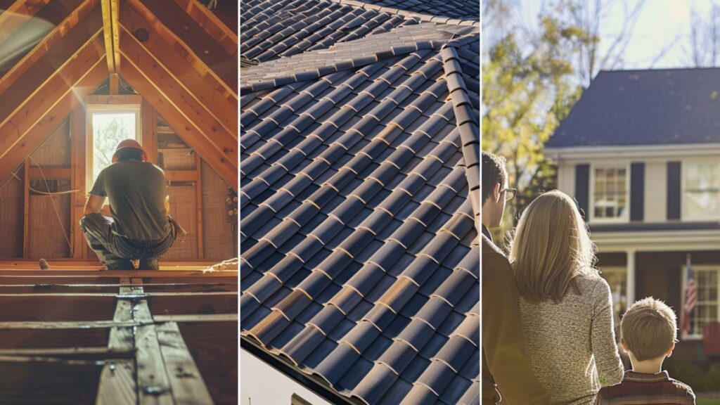 an image of an attic with proper ventilation, catch the details of a well-surrounded ventilation of attic and fixed floor, and a roofing construction worker fixing the installation in the attic. an image of a family outside the house looking at the newly installed rubber roof. top view of a modern house featuring composite tile roofing, capturing the sleek and contemporary design from a close-up perspective. The composite tiles, made from a blend of durable materials, exhibit a uniform and refined appearance.