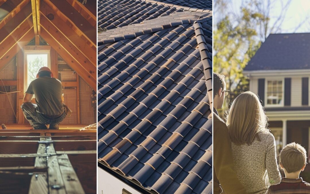 an image of an attic with proper ventilation, catch the details of a well-surrounded ventilation of attic and fixed floor, and a roofing construction worker fixing the installation in the attic. an image of a family outside the house looking at the newly installed rubber roof. top view of a modern house featuring composite tile roofing, capturing the sleek and contemporary design from a close-up perspective. The composite tiles, made from a blend of durable materials, exhibit a uniform and refined appearance.