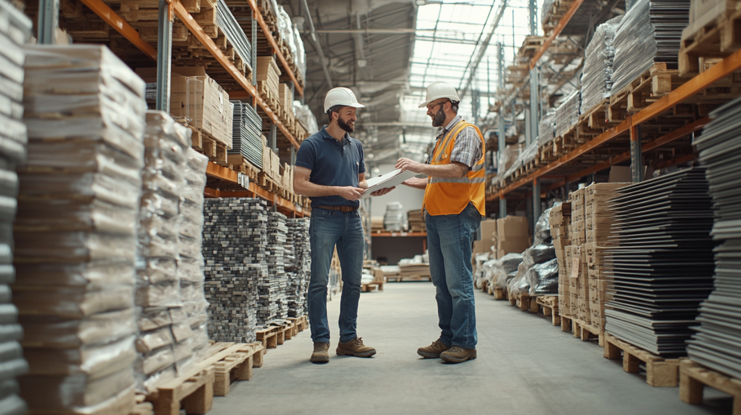 A customer and a roofing material contractor talking inside a large roofing warehouse about roofing material options to purchase.