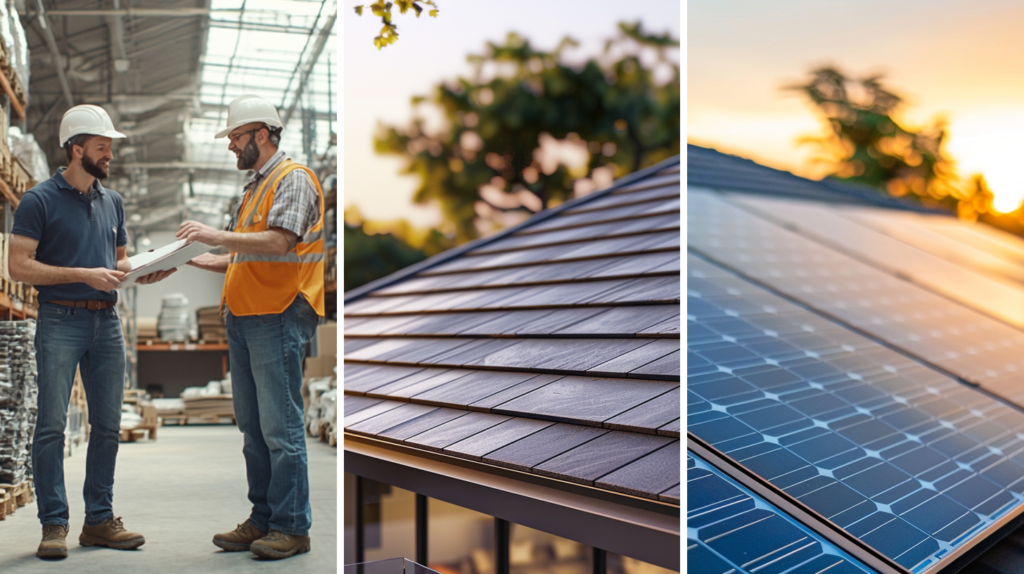 A customer and a roofing material contractor talking, a modern house featuring composite tile roofing, and solar panels installed on a residential roof.