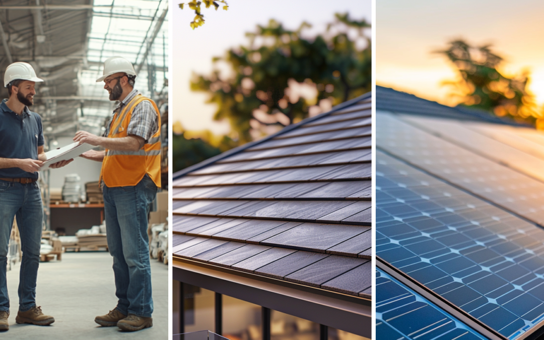 A customer and a roofing material contractor talking, a modern house featuring composite tile roofing, and solar panels installed on a residential roof.