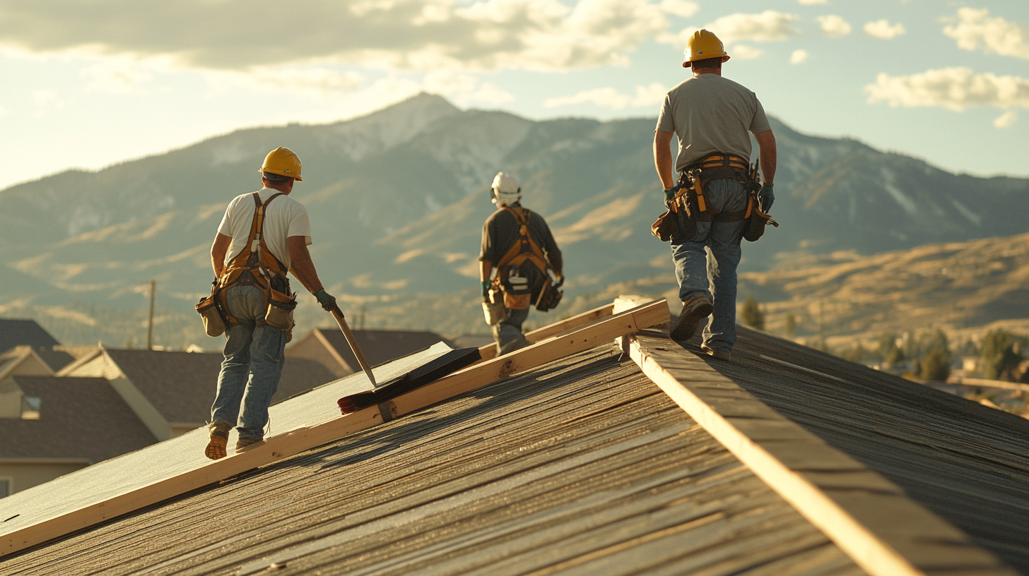 Two skilled roofing contractors, identifiable by their white hard hats and high-visibility vests, are admiring a newly installed asphalt shingles roof on a picturesque suburban home .