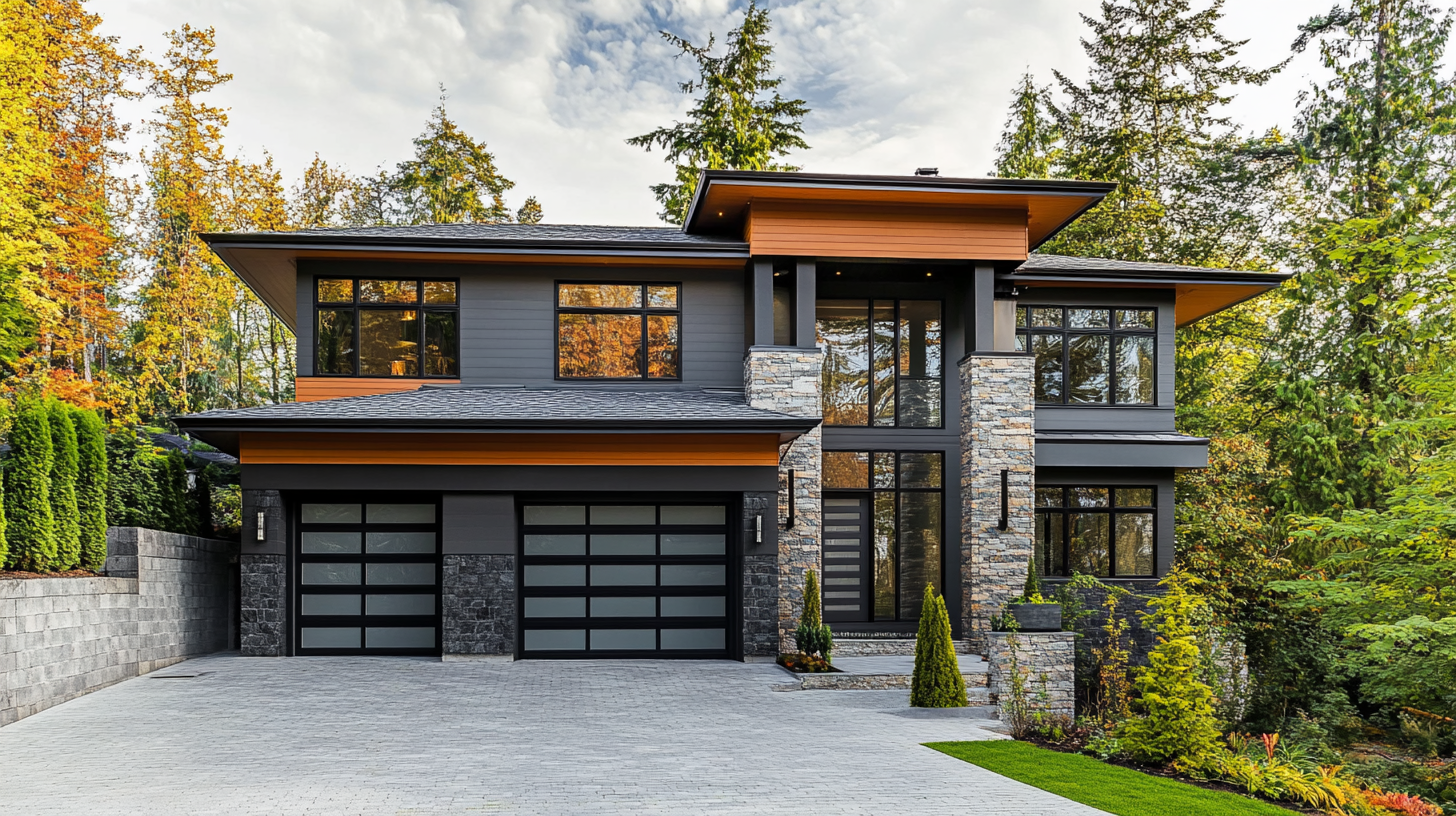 Two skilled roofing contractors, identifiable by their white hard hats and high-visibility vests, are admiring a newly installed asphalt shingles roof on a picturesque suburban home .