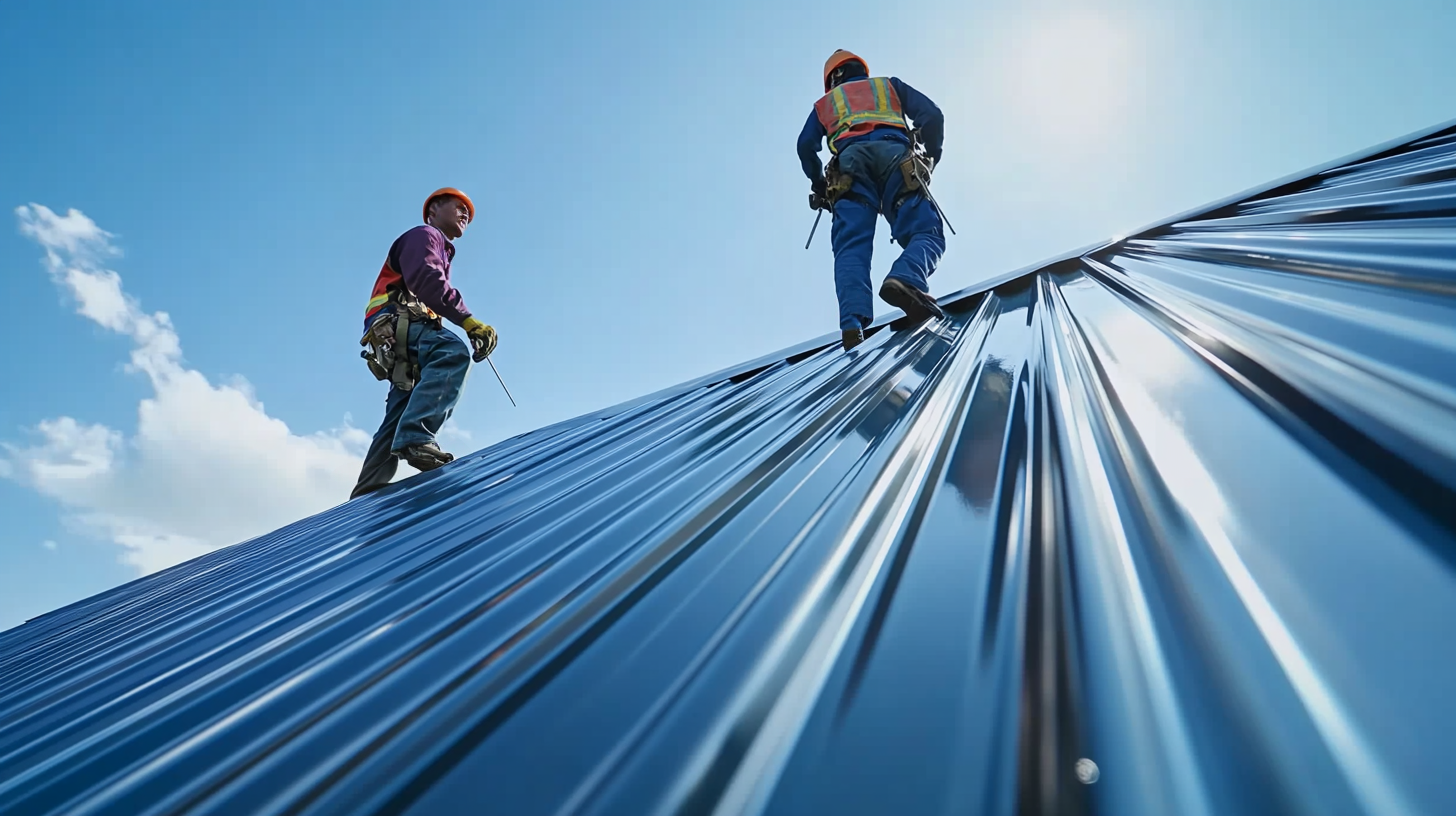 two roofers are doing a residential standing seam metal roof installation. The standing seam metal roof is clean and properly installed. The roofer is wearing the appropriate and complete safety gear.