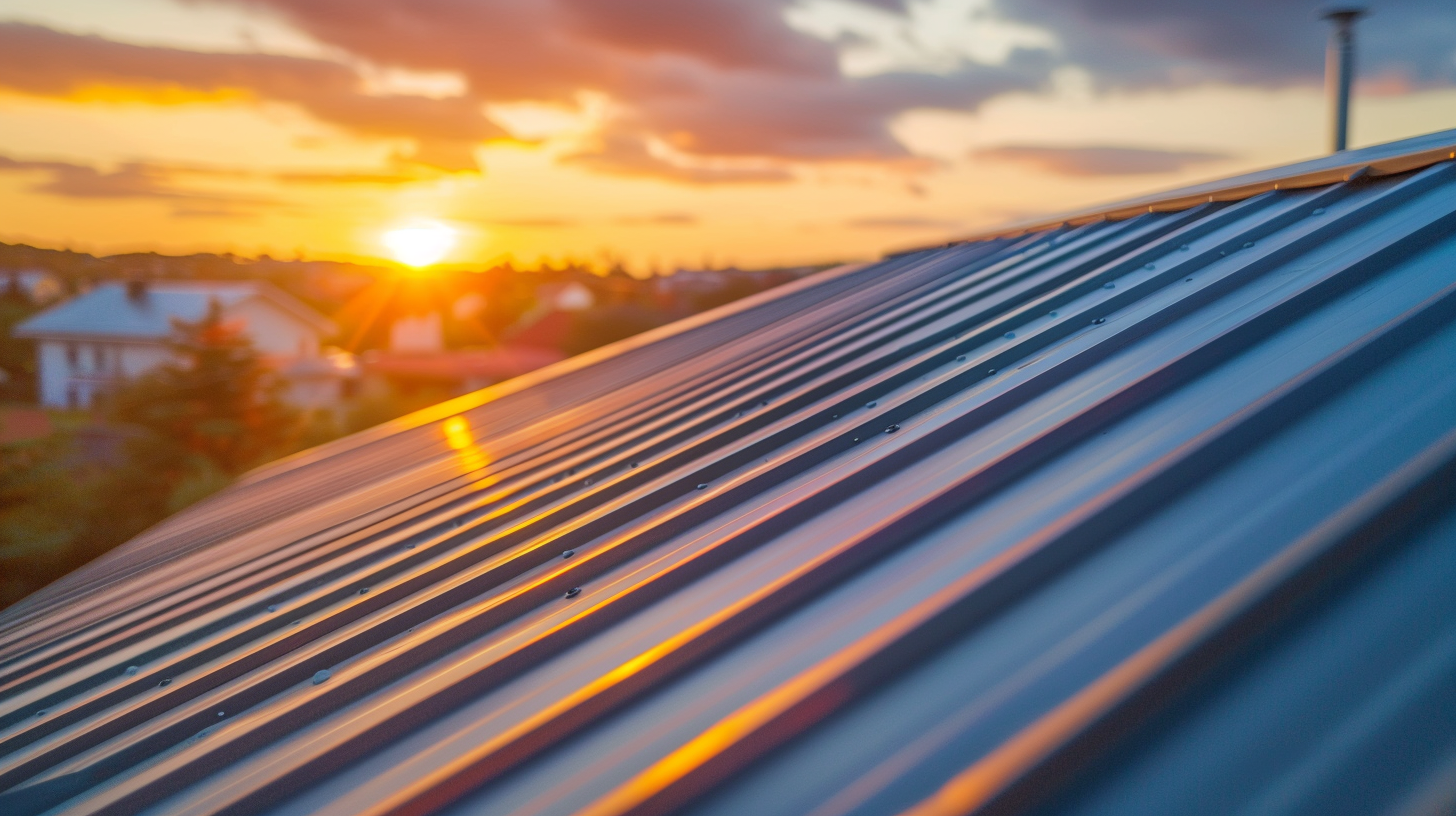 Sunset. Create an image of a standing seam metal roof installed in a house roof, catch that the roof installed is new. Roofing materials are crucial aspects of home renovations that often go unnoticed but play a significant role in a house's overall functionality and appearance. The choice of roofing materials can make a notable difference in a home's longevity, energy efficiency, and aesthetic appeal. With various options available, selecting the suitable roofing material requires careful consideration based on climate, durability, cost of installation, cost of maintenance, and overall cost.