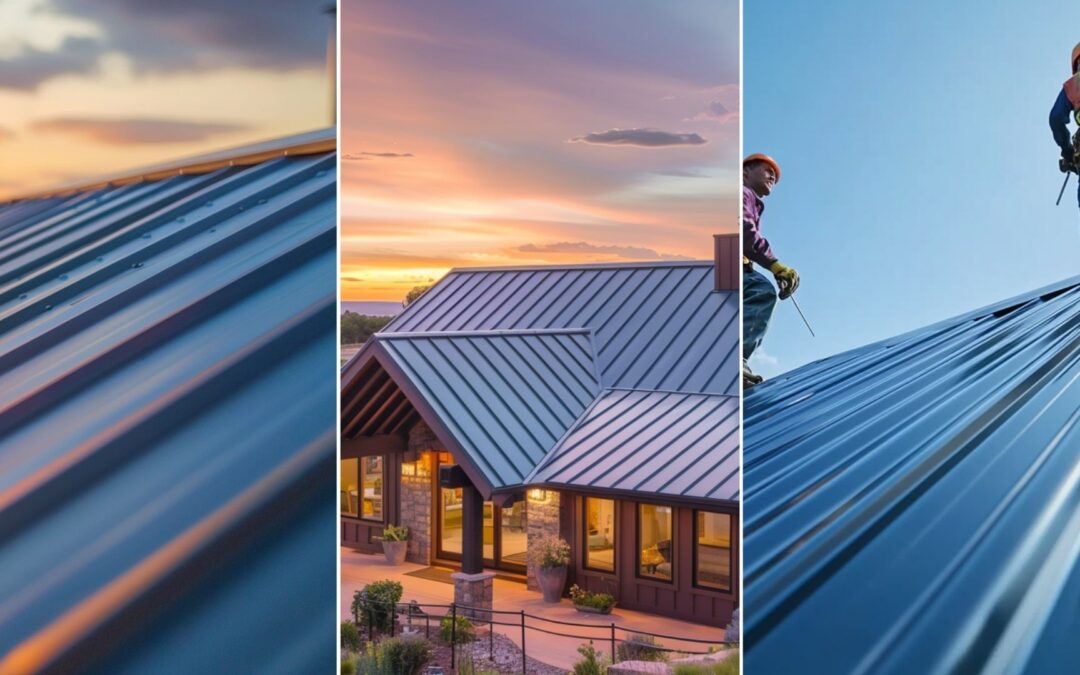 two roofers are doing a residential standing seam metal roof installation. The standing seam metal roof is clean and properly installed. The roofer is wearing the appropriate and complete safety gear. Sunset. Create an image of a standing seam metal roof installed in a house roof, catch that the roof installed is new. Roofing materials are crucial aspects of home renovations that often go unnoticed but play a significant role in a house's overall functionality and appearance. The choice of roofing materials can make a notable difference in a home's longevity, energy efficiency, and aesthetic appeal. With various options available, selecting the suitable roofing material requires careful consideration based on climate, durability, cost of installation, cost of maintenance, and overall cost.