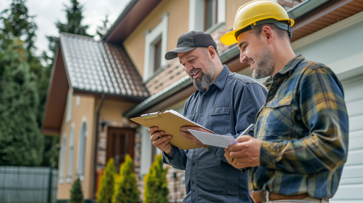 A high-visibility clad roofing contractor holding a clipboard and a smiling male customer holding a pen and signing a paper placed in the clipboard. They are inside a beautiful house.