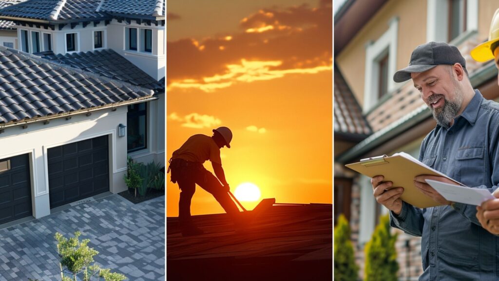 roofers at work. top view of a modern house featuring composite tile roofing, capturing the sleek and contemporary design from a close-up perspective. The composite tiles, made from a blend of durable materials, exhibit a uniform and refined appearance. A high-visibility clad roofing contractor holding a clipboard and a smiling male customer holding a pen and signing a paper placed in the clipboard. They are inside a beautiful house.