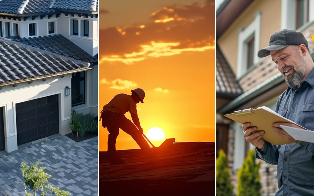 roofers at work. top view of a modern house featuring composite tile roofing, capturing the sleek and contemporary design from a close-up perspective. The composite tiles, made from a blend of durable materials, exhibit a uniform and refined appearance. A high-visibility clad roofing contractor holding a clipboard and a smiling male customer holding a pen and signing a paper placed in the clipboard. They are inside a beautiful house.