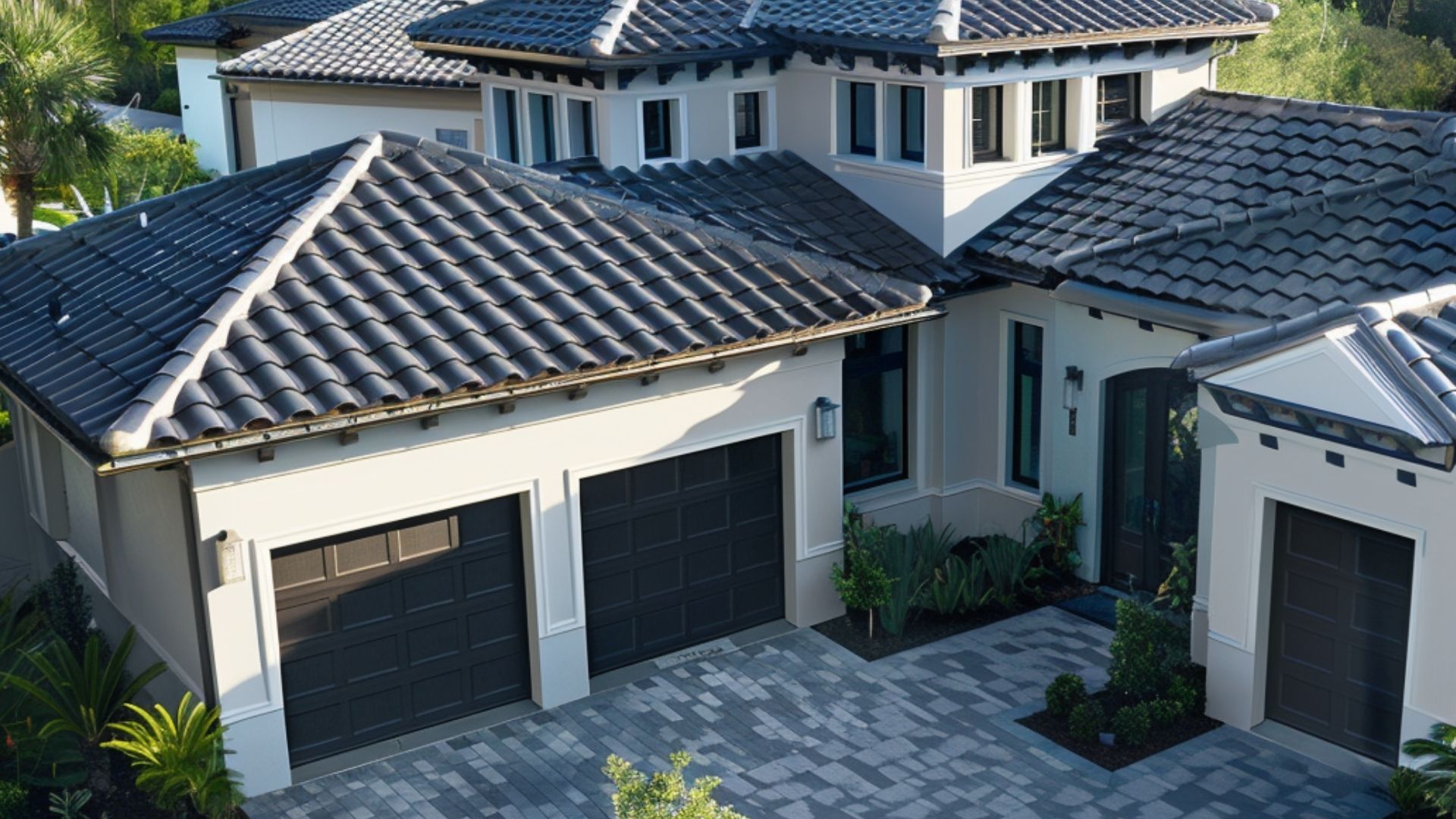 top view of a modern house featuring composite tile roofing, capturing the sleek and contemporary design from a close-up perspective. The composite tiles, made from a blend of durable materials, exhibit a uniform and refined appearance.