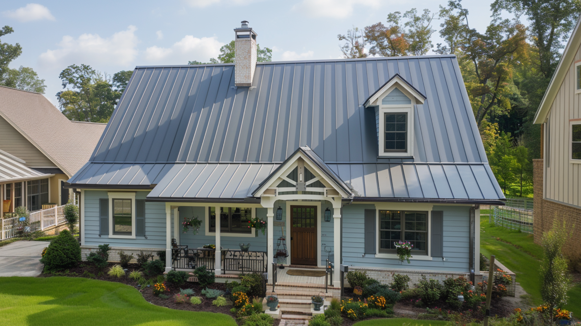 A modern house with metal roofing installed.