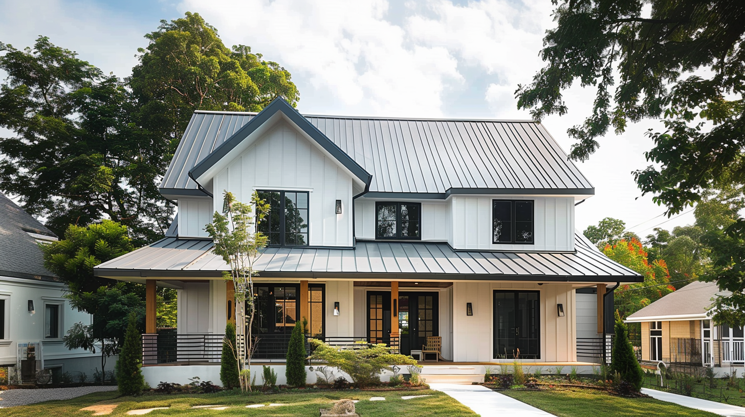 A modern house with metal roofing installed.