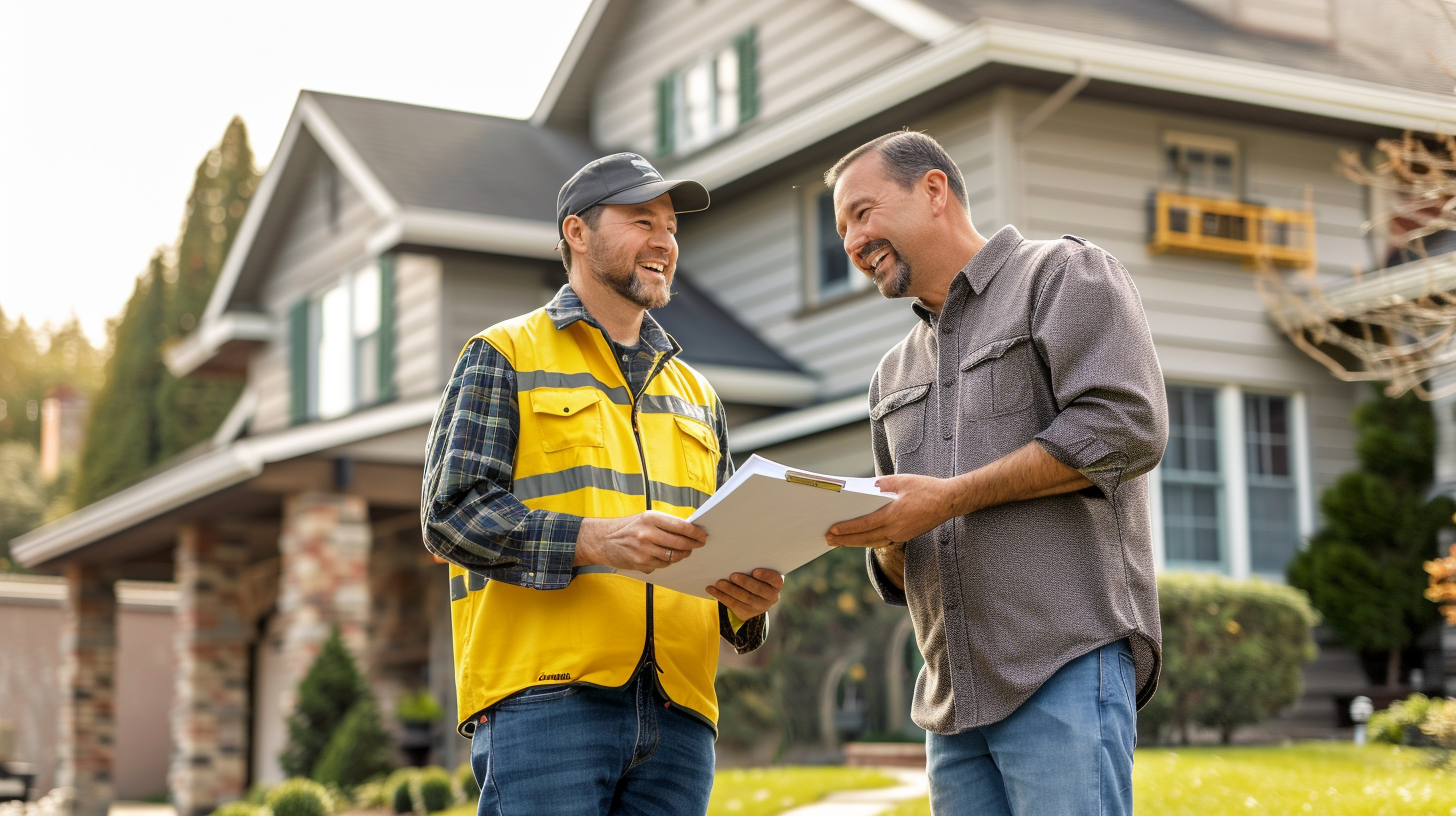 Two roofing contractors talking outside the residential houses.