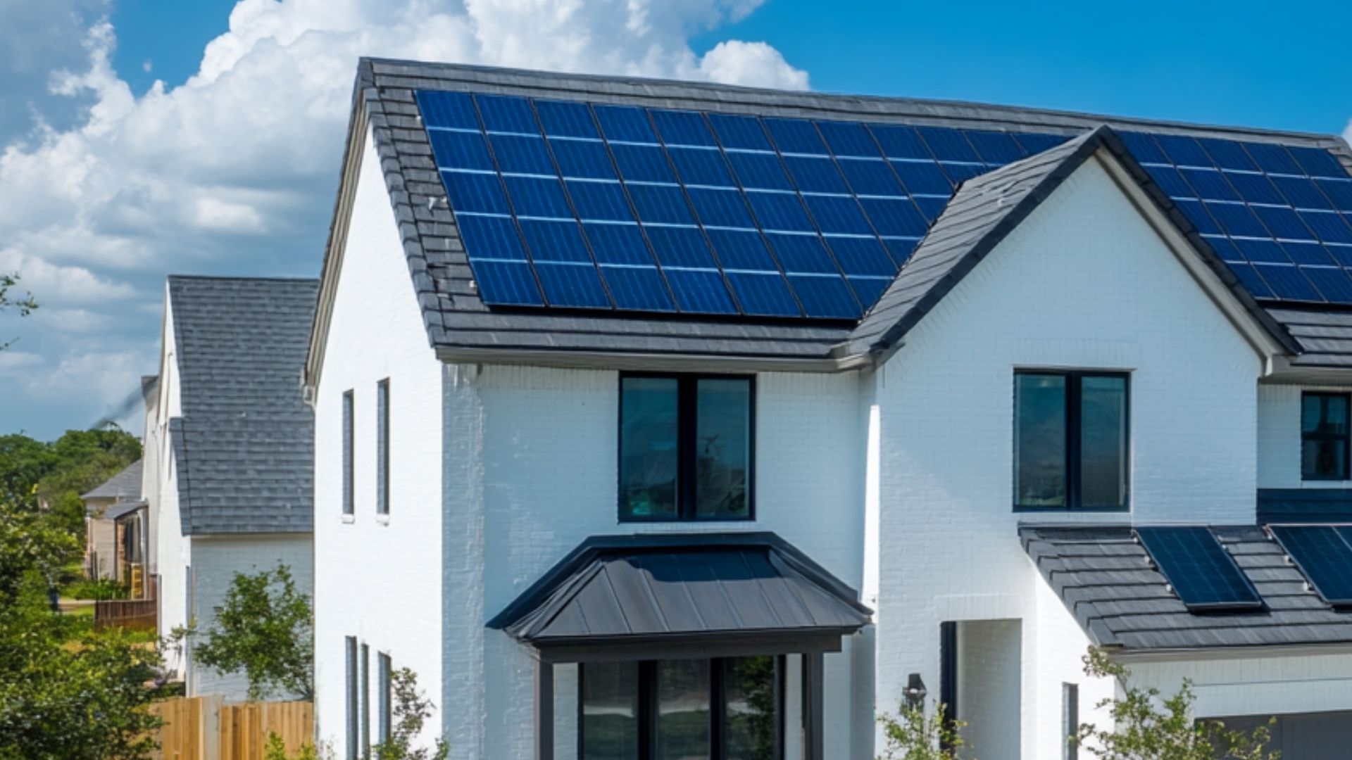 white suburban home with solar panels on the asphalt shingle roof in the summer of Texas.