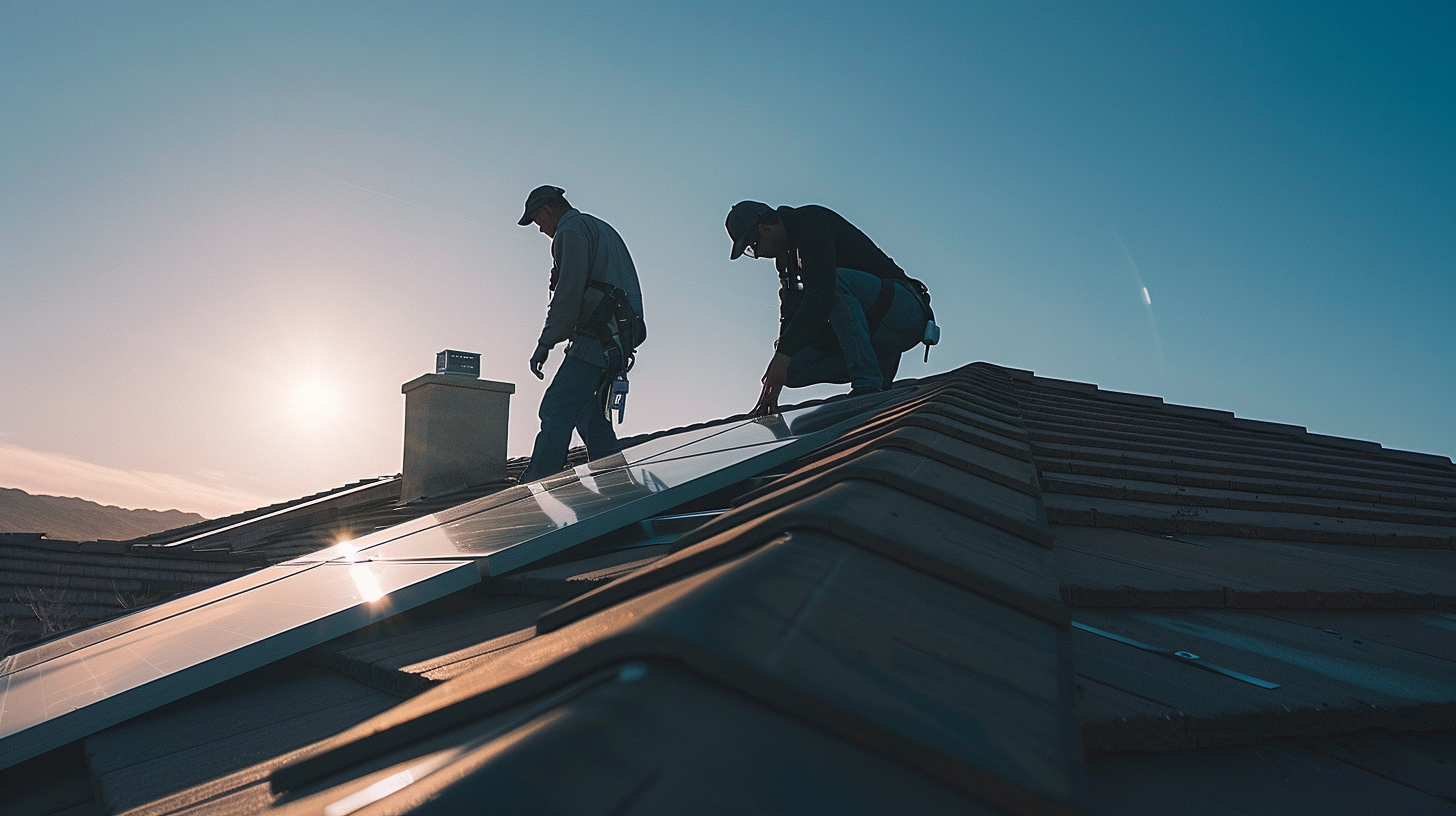 an image depicting the installation of solar tiles on a residential home. Show a team of solar installers working on the roof, carefully placing the solar tiles to blend seamlessly with the existing roof structure.