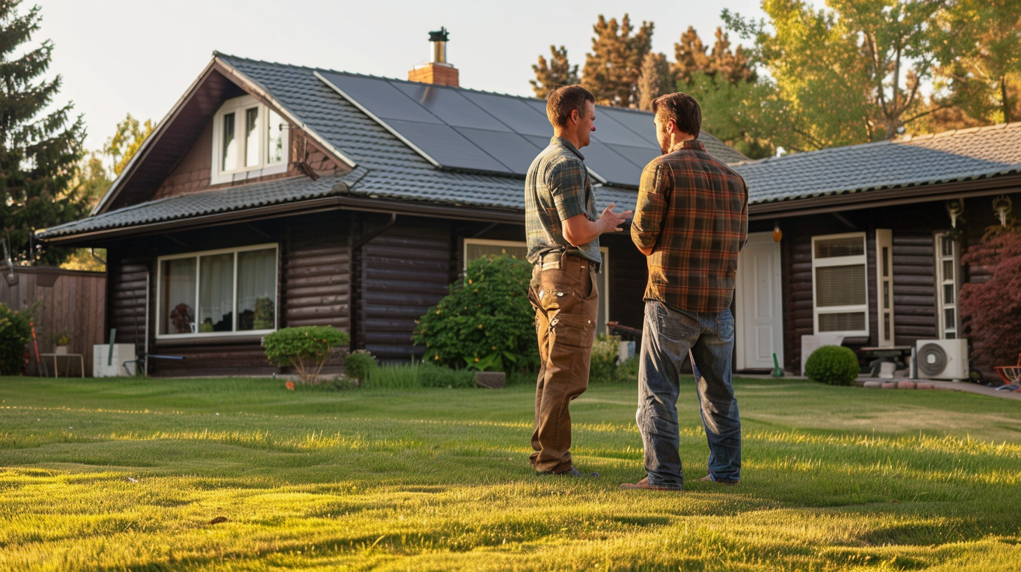 A reliable roofing contractor is talking to the homeowner standing on the lawn in front of the house that has solar tiles on the roof. The atmosphere includes collaboration and consultation, highlighting the home improvement process and a friendly yet focused exchange between the two characters.