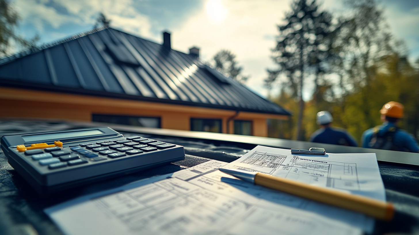 An image of a calculator and invoice sheet symbolizing the roof installation project's cost.