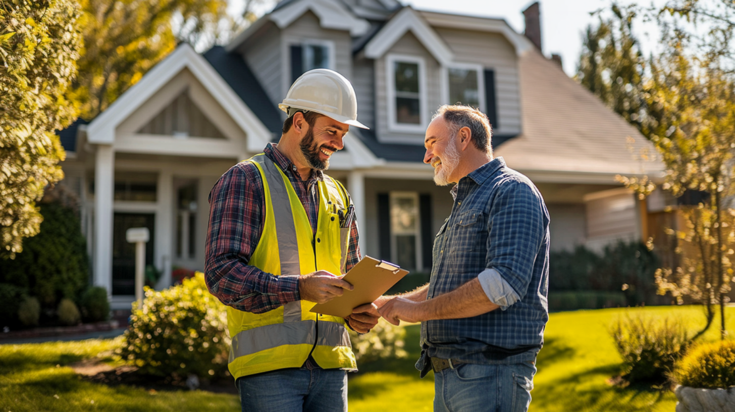 A roof contractor having a conversation with a client about his standard roof installation project.